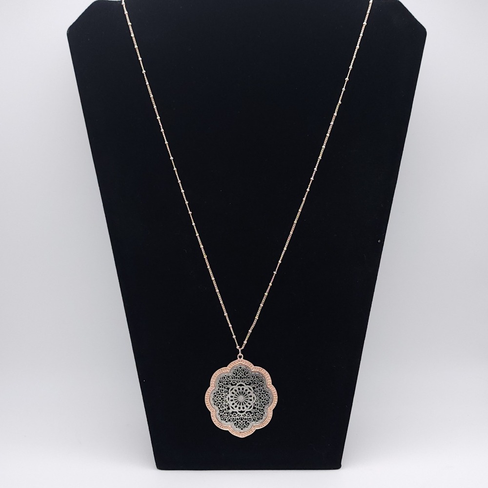 Floral Filigree Pendant Necklace Two Tone Rose Gold Silver Station Chain 29-32in